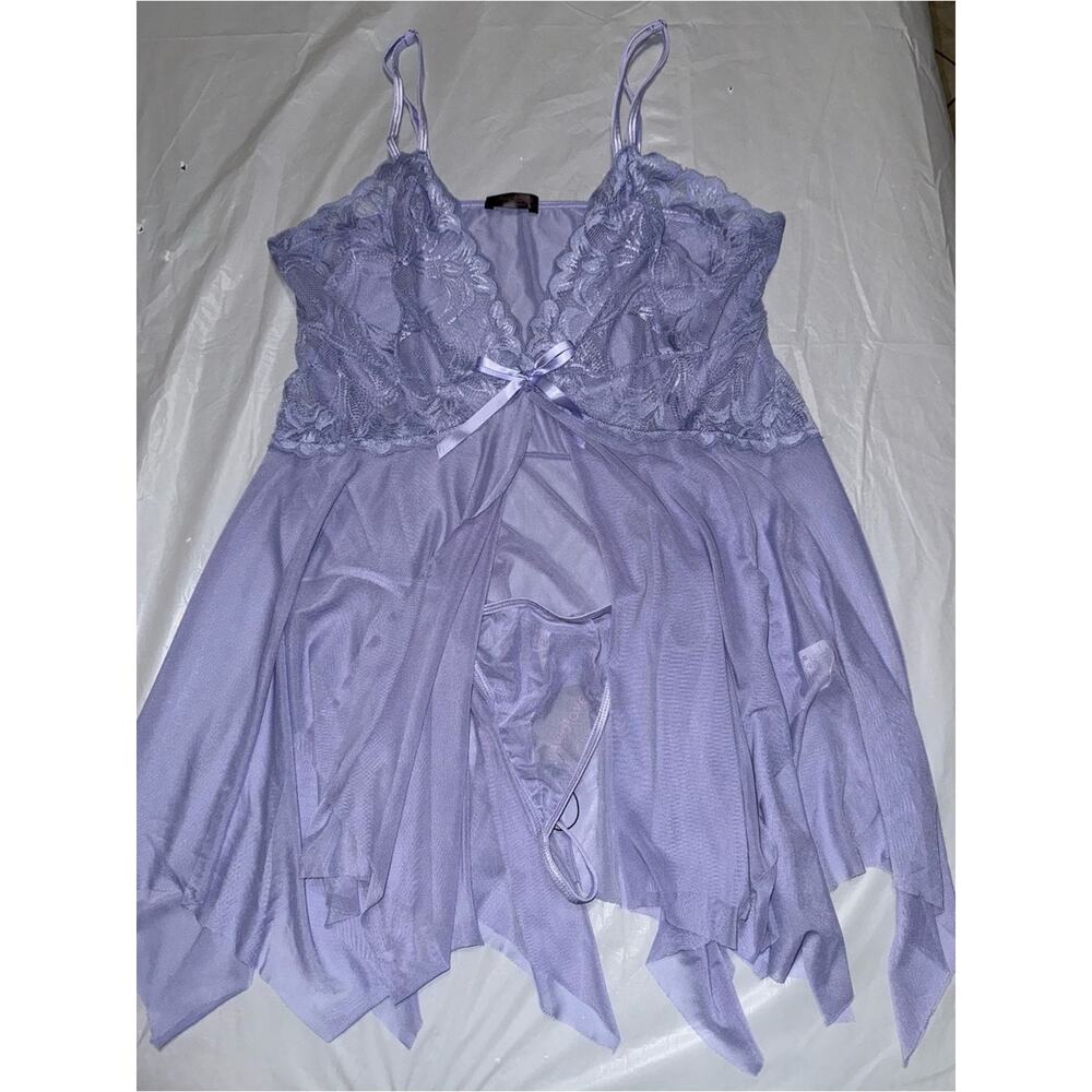 Lace-Trim Light Lavender Night Chemise with Bow Accent - Picture 8 of 13